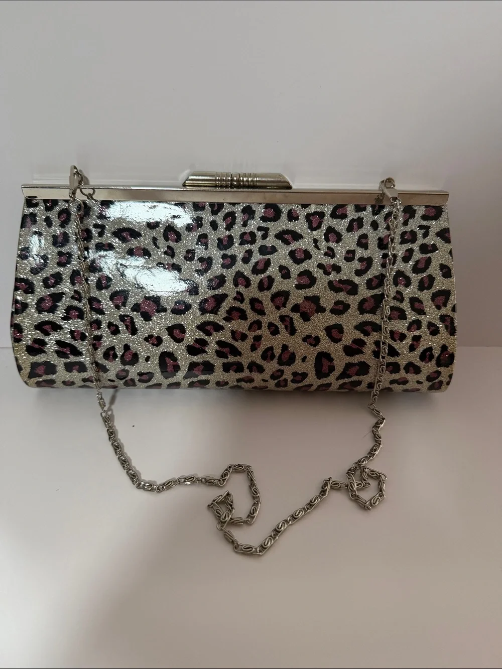 Leopard Print Evening Clutch with Silver Chain